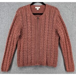 Vtg Christopher Banks Cable‎ Knit Cardigan Sweater Womens M Zip Salmon Boho Y2K